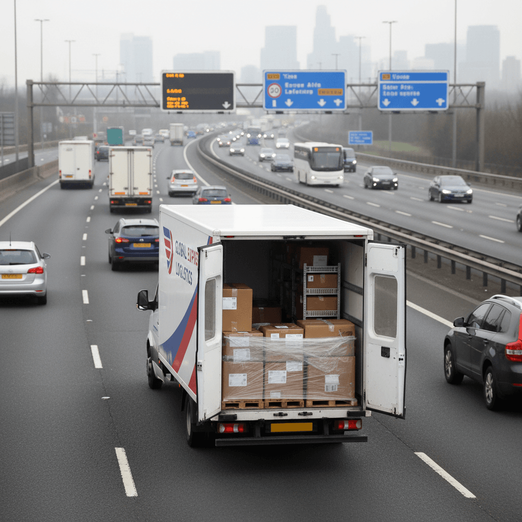 Delivery van on busy UK motorway with parcels visible in back, professional logistics operation