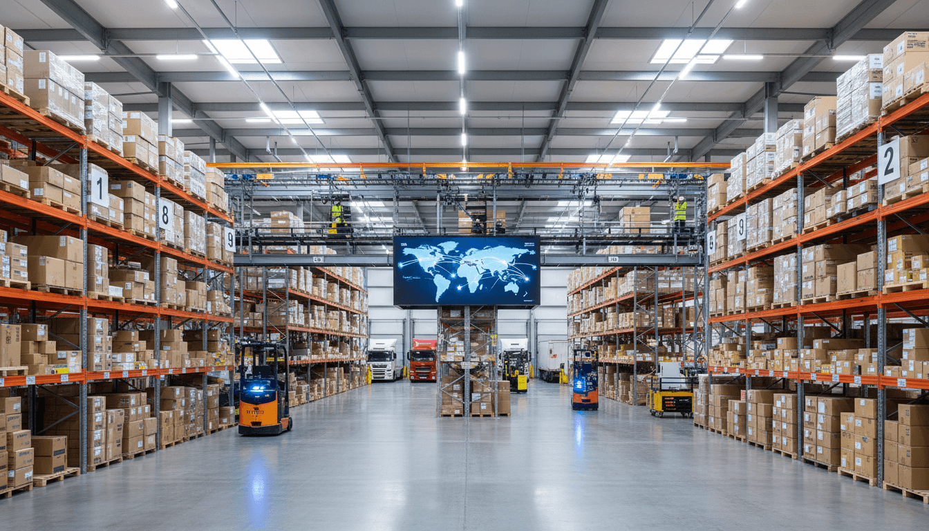 Modern logistics warehouse with organized parcels and delivery boxes ready for shipment