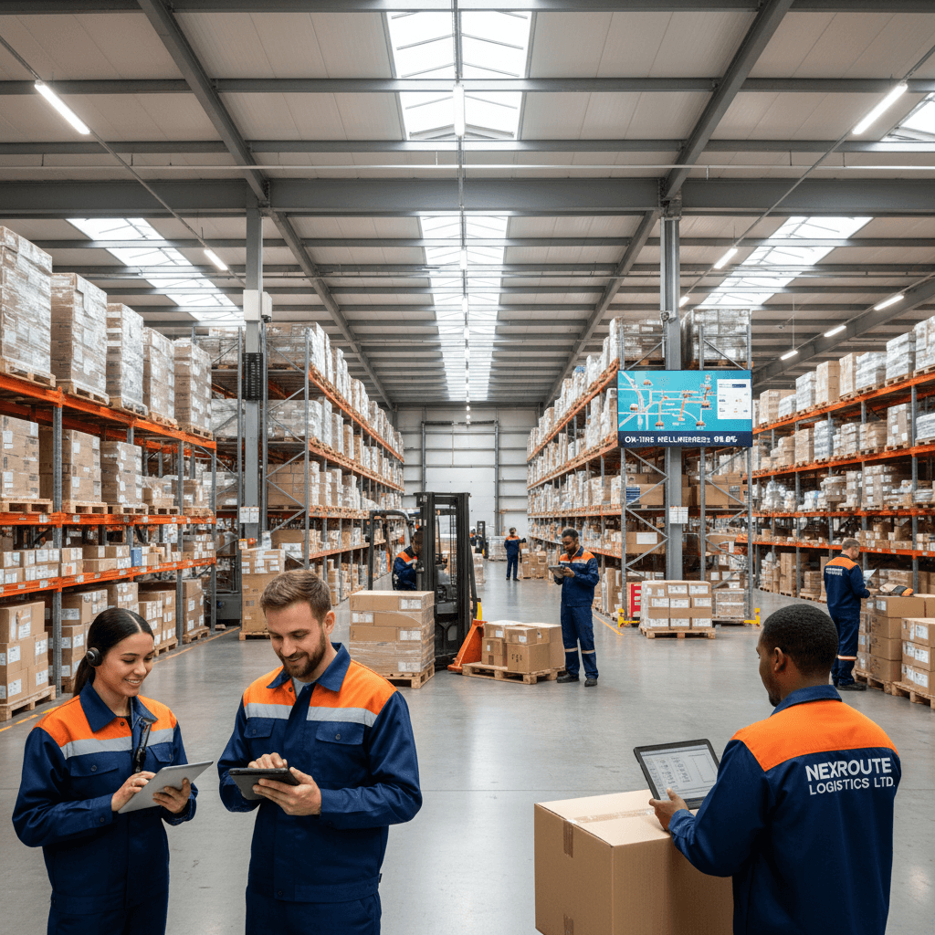 Logistics warehouse with active team moving packages and coordinating deliveries