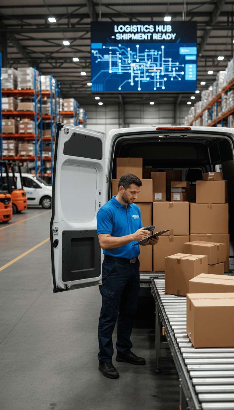 Logistics professional preparing delivery with organized shipping materials