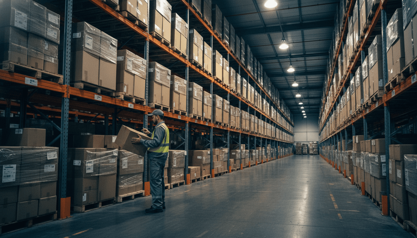 Logistics warehouse worker checking shipment details with organized packages and pallets in the background
