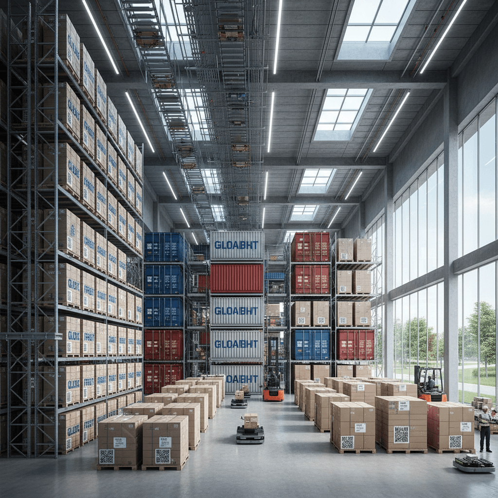 Organized logistics warehouse with packages ready for dispatch
