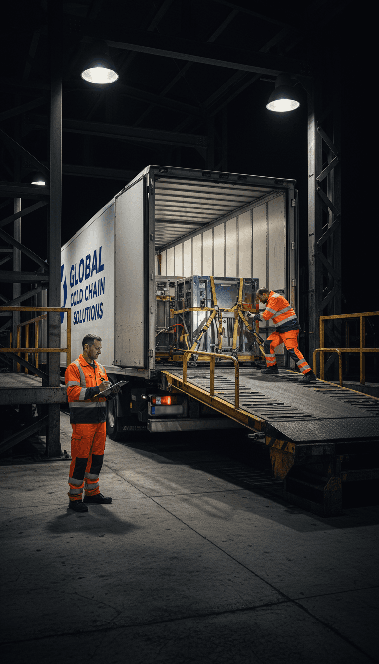 Night-time logistics team loading specialized equipment into refrigerated transport vehicle