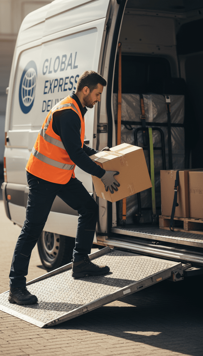 Courier driver carefully loading secure package into delivery van