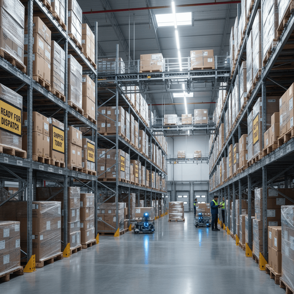 Logistics warehouse with organized packages and shelving