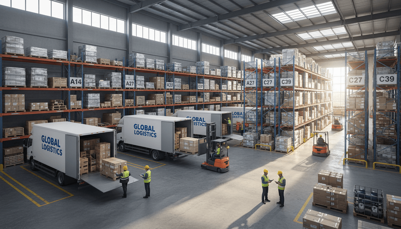 Modern logistics warehouse with organized packages and delivery trucks ready for dispatch