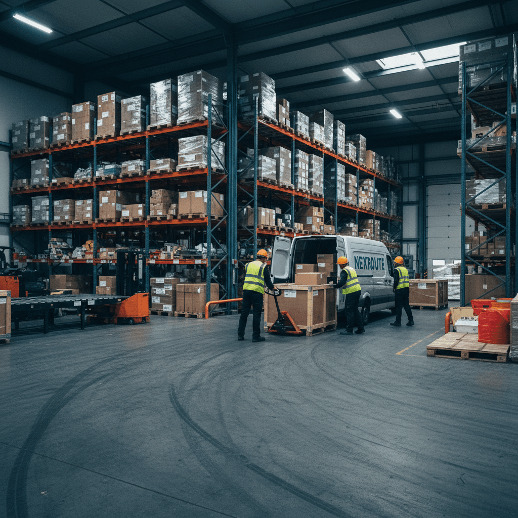 Logistics team loading freight into delivery van at UK warehouse