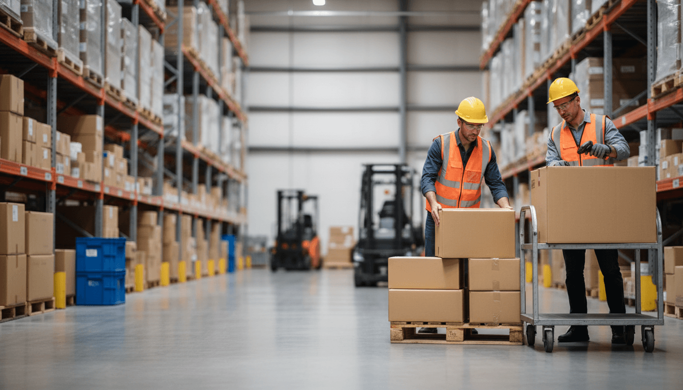 Professional logistics team handling packages in a modern warehouse with high-visibility safety gear