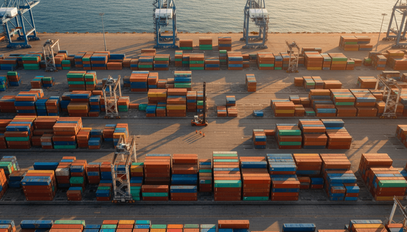 Aerial view of sprawling container port with stacked shipping containers, cranes, and cargo handling operations at sunset
